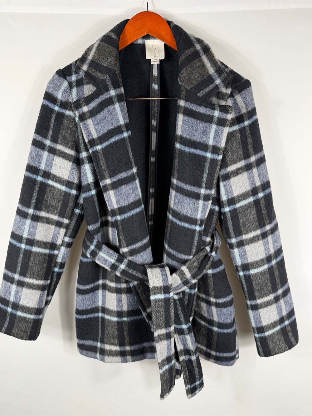 Joie Dark Blue, Gray & Light Blue Plaid Belted Pea Coat. Womens Size S